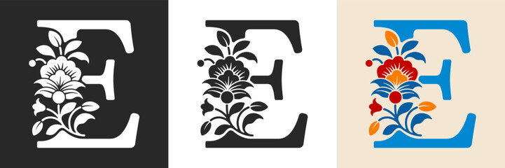 Fototapeta premium Capital letter E with floral pattern. Letter A with flowers and leaves. Creative alphabet and decorated typography letter. Vintage patterned font. Isolated on white and black. Vector illustration