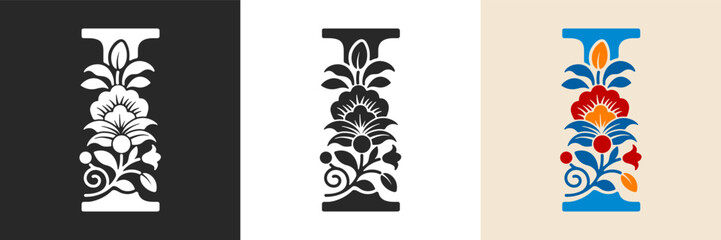 Obraz premium Capital letter I with floral pattern. Letter A with flowers and leaves. Creative alphabet and decorated typography letter. Vintage patterned font. Isolated on white and black. Vector illustration