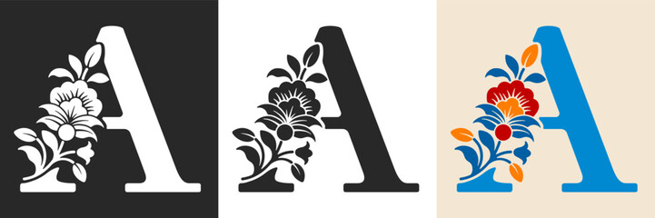 Naklejka premium Capital letter A with floral pattern. Letter A with flowers and leaves. Creative alphabet and decorated typography letter. Vintage patterned font. Isolated on white and black. Vector illustration