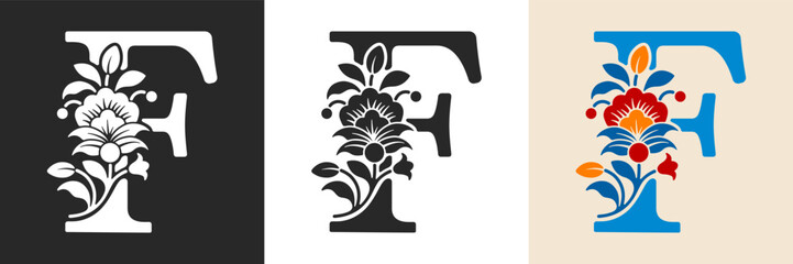 Naklejka premium Capital letter F with floral pattern. Letter A with flowers and leaves. Creative alphabet and decorated typography letter. Vintage patterned font. Isolated on white and black. Vector illustration