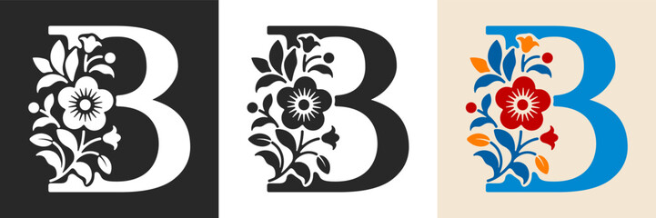 Fototapeta na wymiar Capital letter B with floral pattern. Letter A with flowers and leaves. Creative alphabet and decorated typography letter. Vintage patterned font. Isolated on white and black. Vector illustration