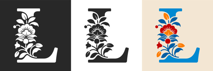 Naklejka premium Capital letter L with floral pattern. Letter A with flowers and leaves. Creative alphabet and decorated typography letter. Vintage patterned font. Isolated on white and black. Vector illustration