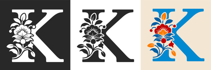 Naklejka premium Capital letter K with floral pattern. Letter A with flowers and leaves. Creative alphabet and decorated typography letter. Vintage patterned font. Isolated on white and black. Vector illustration