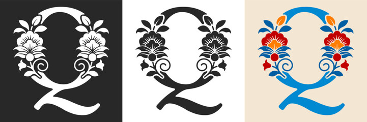 Naklejka premium Capital letter Q with floral pattern. Letter A with flowers and leaves. Creative alphabet and decorated typography letter. Vintage patterned font. Isolated on white and black. Vector illustration