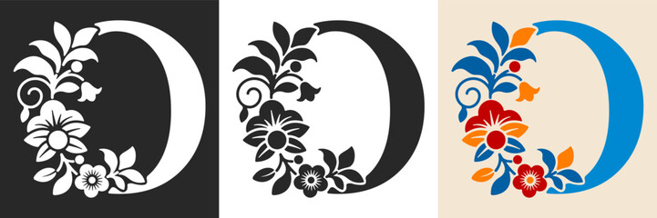 Naklejka premium Capital letter O with floral pattern. Letter A with flowers and leaves. Creative alphabet and decorated typography letter. Vintage patterned font. Isolated on white and black. Vector illustration