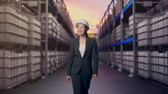 Front View of Asian Businesswoman Walking and Looking Around at Warehouse with Stacked Chemical IBC Containers and Barrels at Sunset