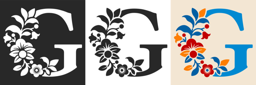 Capital letter G with floral pattern. Letter A with flowers and leaves. Creative alphabet and decorated typography letter. Vintage patterned font. Isolated on white and black. Vector illustration