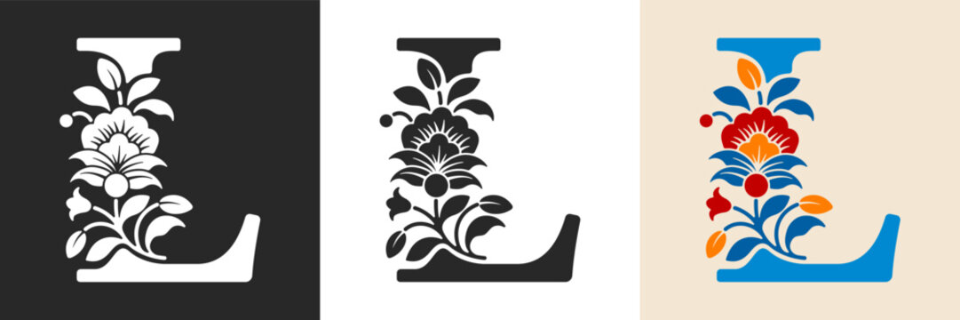 Capital letter L with floral pattern. Letter A with flowers and leaves. Creative alphabet and decorated typography letter. Vintage patterned font. Isolated on white and black. Vector illustration