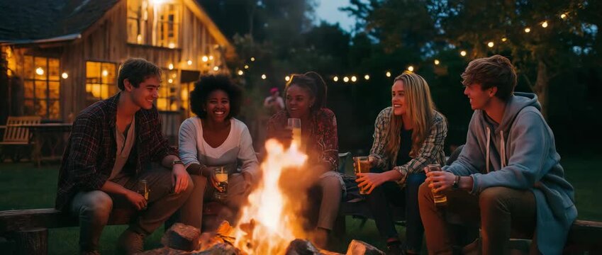 Friends unwinding in the garden by a bonfire