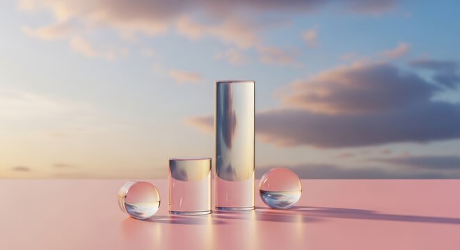 Minimalist 3d render with glass cylinders and spheres on a pink surface against a soft sunset sky background