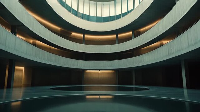 Minimalist interior of a brutalist building featuring a large circular open space, multiple curving levels, and a central skylight illuminating the smooth concrete surfaces and reflective floor
