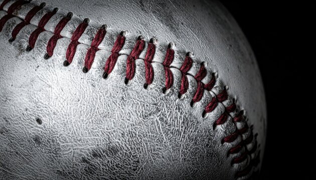 Macro photo of a weathered baseball with red stitching showcasing texture and detail against a dark background for sports themes