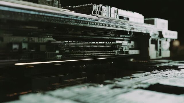 Complex industrial infrastructure forming advanced circuit board structures, representing modern digital information processing, science, and computing technology in a dark, high tech environment