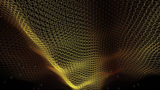 Glowing neon gold rings sweep across a vast hexagonal grid of obsidian pillars. This server monolith abstract visualizes system health, perfect for enterprise IT and data center brand films.