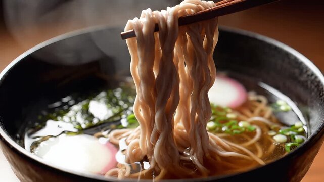 Steaming bowl of ramen noodles, chopsticks lifting noodles, savory broth with green onions and radish slices, symbolizing comfort food and Japanese cuisine.