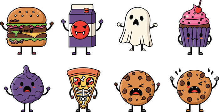 Cute spooky Halloween food characters set with burger milk ghost cupcake pizza cookie cartoon mascot vector illustration collection