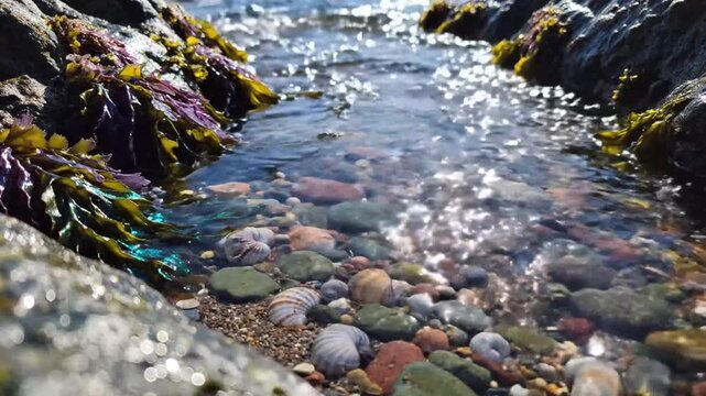 Sunny rock pool with clear water, pebbles, seashells and seaweed