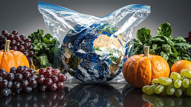 Earth in plastic bag surrounded by assorted organic fruits and vegetables on reflective surface