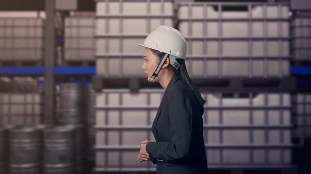 Side View of Asian Businesswoman Walking and Speech at Warehouse with Stacked Chemical IBC Containers and Barrels at Sunset
