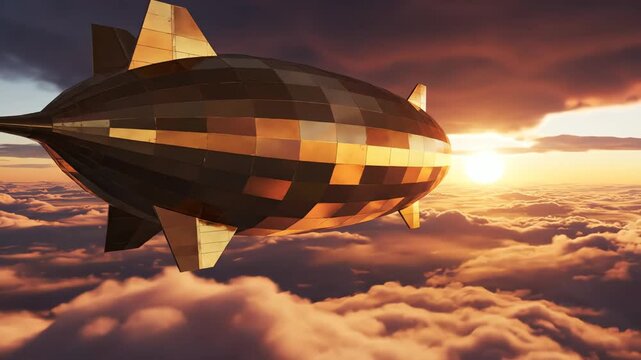 A futuristic blimp flies above fluffy clouds at sunset with a pixelated design.