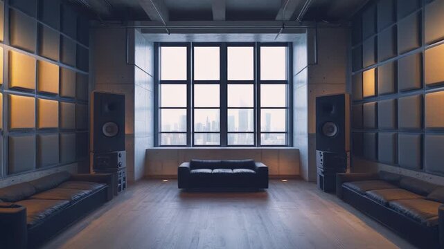 Contemporary sound studio featuring acoustic paneling, high fidelity audio equipment, comfortable seating, and a large window overlooking an urban cityscape