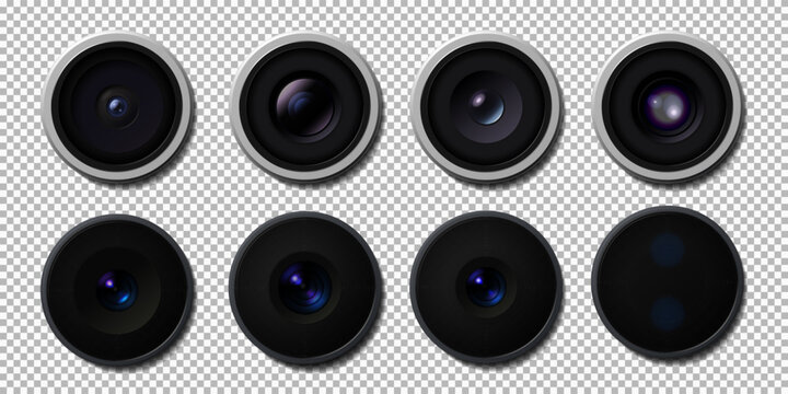 Realistic high detailed modern camera lens pack. Smartphone, camera close uo isolated on transparent background. Vector illustration