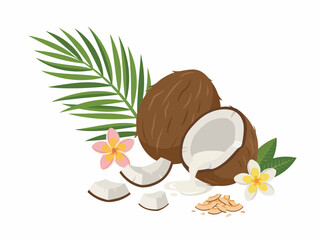 A vibrant illustration featuring a coconut, palm leaves, and tropical flowers, capturing the essence of a serene tropical paradise ideal for relaxation and nature-inspired themes. © Shufen