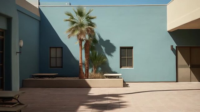 Modern minimalist building facades in muted blue and beige colors shaping a quiet outdoor courtyard, with strong sunlight creating abstract shadows and highlighting a group of palm trees