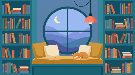 This image showcases a cozy library setting with a sleeping cat on a sofa, surrounded by shelves filled with colorful books and a beautiful mountain view outside the window. © Shufen