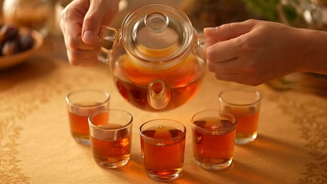 Woman pouring tea into glasses on a table with food