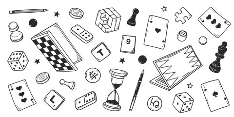 Board games doodles set hand drawn vector illustration sketch icons of cards dice and pawns checkers © Md.Monir