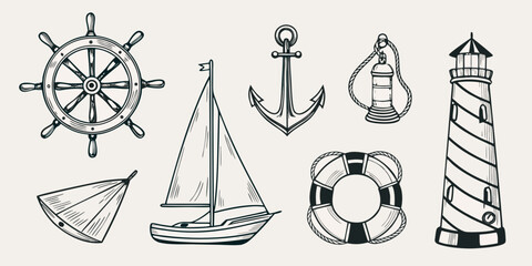Nautical themed sketches including a ship wheel anchor sailboat and lighthouse © Dipa