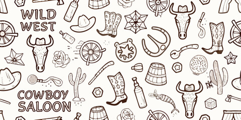Obraz premium A seamless pattern featuring wild west themed illustrations and typography