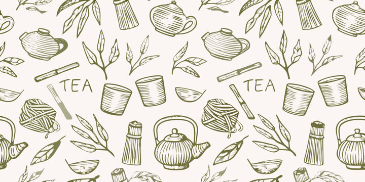 Seamless pattern of teapots tea leaves and related accessories