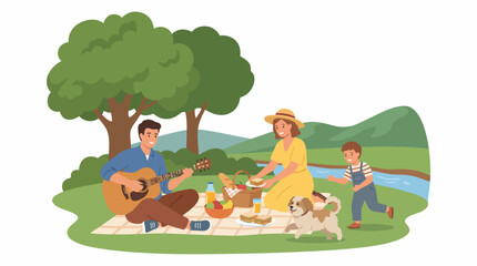 Naklejka premium A joyful family enjoys a picnic in a beautiful park, featuring tasty food, a guitar played by a father, and a playful dog, creating a heartfelt scene of togetherness.