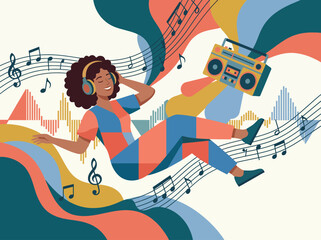 A joyful person enjoys music while relaxing amidst colorful abstract shapes and musical notes, representing the joy and energy of sound and personal expression. © Xi