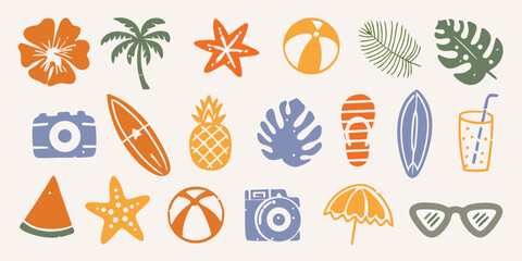 A colorful collection of summer themed illustrations and tropical elements © Dipa