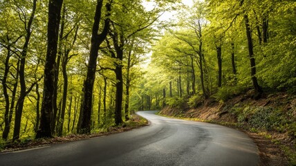 Obraz premium Scenic winding road through lush green forest, highlighting nature's beauty and peaceful travel, ideal for backgrounds