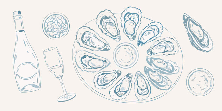 A sketch of oysters on the half shell with champagne and lemon