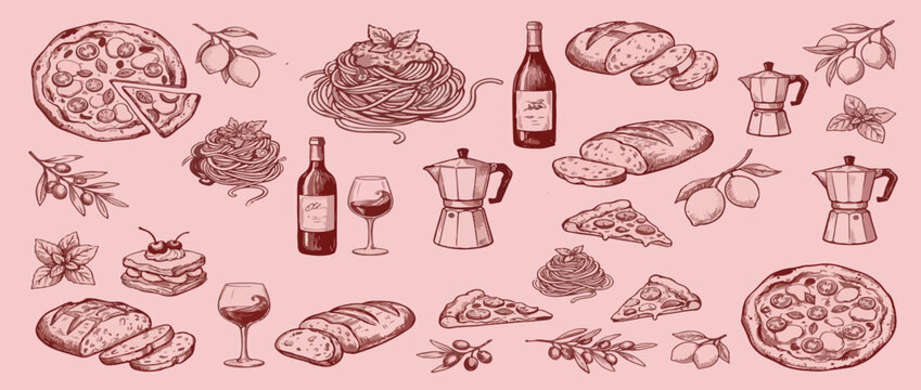 Hand drawn Italian whimsical doodle sketch clip art. Vintage La dolce vita (sweet life in Italian) icons. Crayon or brush drawn cheese, coffee cup, glass of wine with pasta, eggs or cheese.