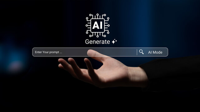 A captivating image of a hand reaching out towards a digital interface showcasing AI technology with a search bar for generating prompts, set against a sleek blue background. Ledger