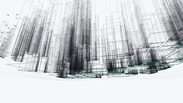 Intricate charcoal pillars undergo recursive quadtree subdivision against a clinical white backdrop, simulating dynamic load balancing. Ideal for cloud infrastructure and enterprise IT brand films.