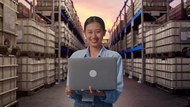 Asian Female With Her Laptop at Warehouse Containers and Barrels, She Is Looking At The Camera With A Smile