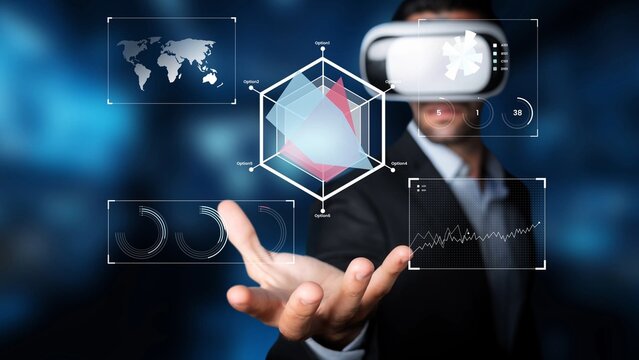 Man in Virtual Reality Headset Engaging with Data Visualizations in a Futuristic Environment Surrounded by Digital Graphs and Maps Gluon.