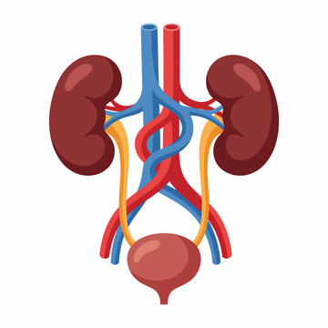 Illustration depicting the human urinary system anatomy, featuring kidneys, bladder, and associated blood vessels, ideal for educational purposes and health awareness.