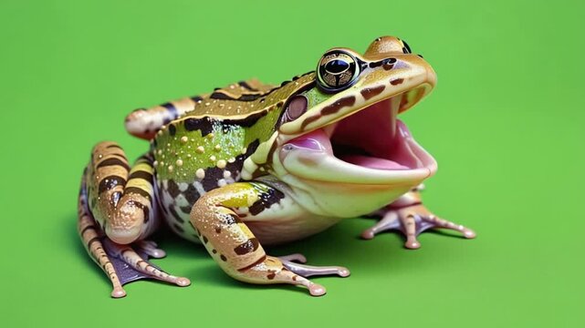 Close-up of a frog with mouth open, showing its tongue, on a vibrant green background.