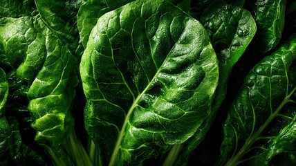 Obraz premium Fresh spinach leaves close-up: vibrant green texture, ideal for healthy food and nutrition concepts