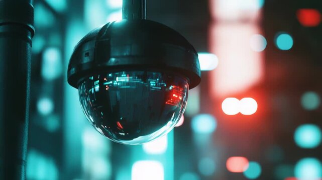 Security camera overlooking a neon lit downtown at night, recording urban activity for smart city surveillance and public safety with blurred bokeh lights and reflective surfaces