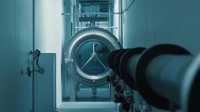 Industrial facility interior with long rows of shiny metal pipes leading to a sealed chamber door, sterile blue toned corridor highlighting advanced engineering and automated systems