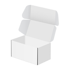 Obraz premium Small open rectangular cardboard box isolated on white background. Blank packaging container mockup for branding, product presentation and delivery design
